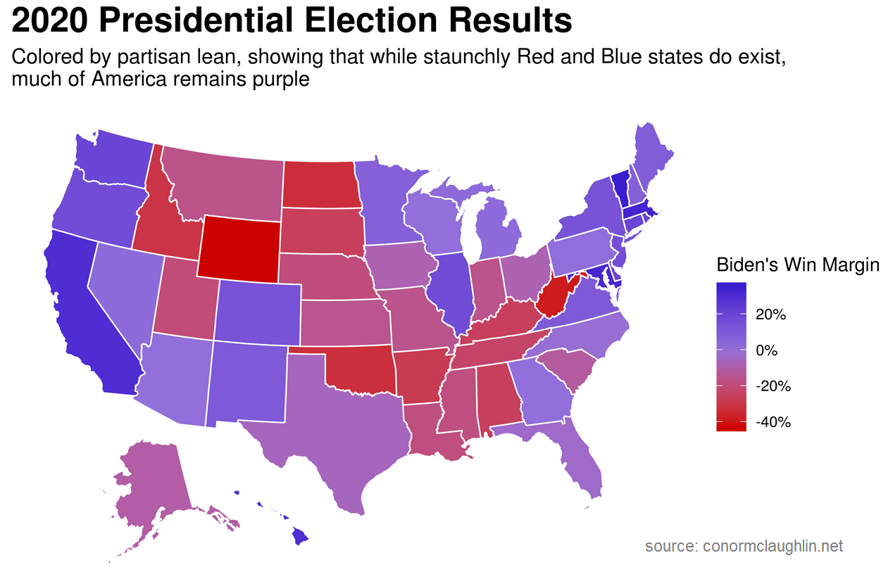 Carta degli Stati Uniti che rappresenta 2020 Presidential Election Results in cui ciascuno stato è rappresentato in gradazioni di colore che vanno dal blu al rosso passando per il viola