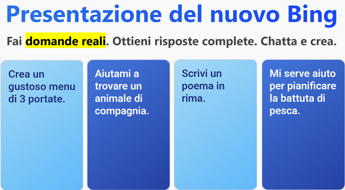 Schermata “Presentazione del nuovo Bing. Fai domande reali. Ottieni risposte complete. Chatta e crea.” con esempi: 1 Crea un gustoso menu di 3 portate; 2 Aiutami a trovare un animale di compagnia; 3 Scrivi un poema in rima; 4 Mi serve aiuto per pianificare la battuta di pesca. 