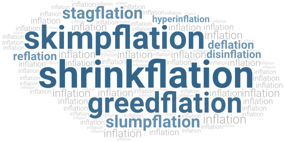 word cloud con le parole inglesi inflation, deflation, disinflation, greedflation , hyperinflation, inflation, shrinkflation, skimpflation, slumpflation, stagflation