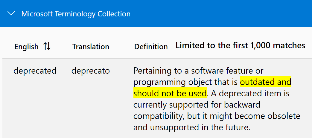 Definizione di deprecated nel database terminologico Microsoft: Pertaining to a software feature or programming object that is outdated and should not be used. A deprecated item is currently supported for backward compatibility, but it might become obsolete and unsupported in the future.