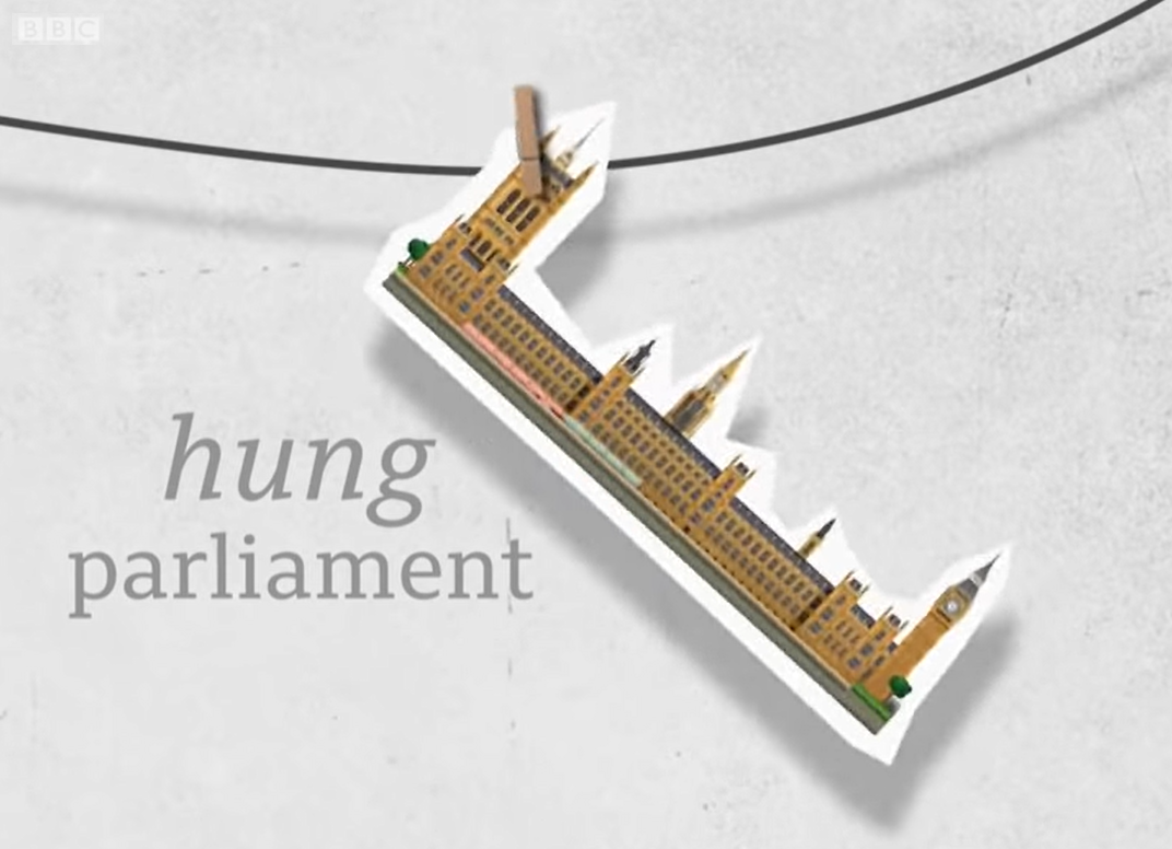 immagine del parlamento britannico appeso a un filo del bucato con una molletta e il titolo hung parliament