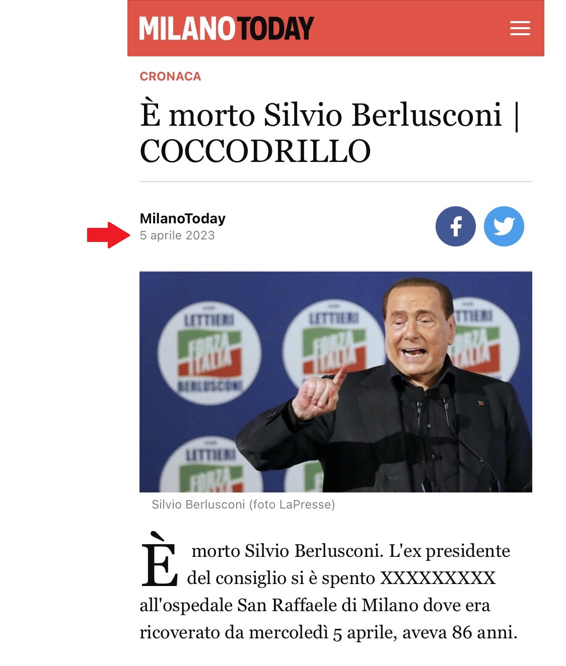 schermata dal sito Milano Today del 5 aprile 2023 con articolo pubblicato per sbaglio dal titolo “È morto Silvio Berlusconi. COCCODRILLO” 