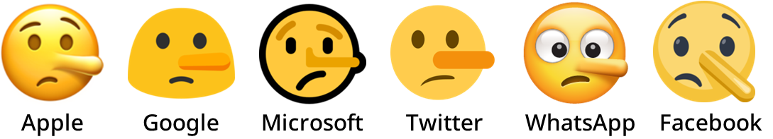 Emoji della faccina che mente di Apple, Google, Microsoft, Twitter, WhatsApp e Facebook