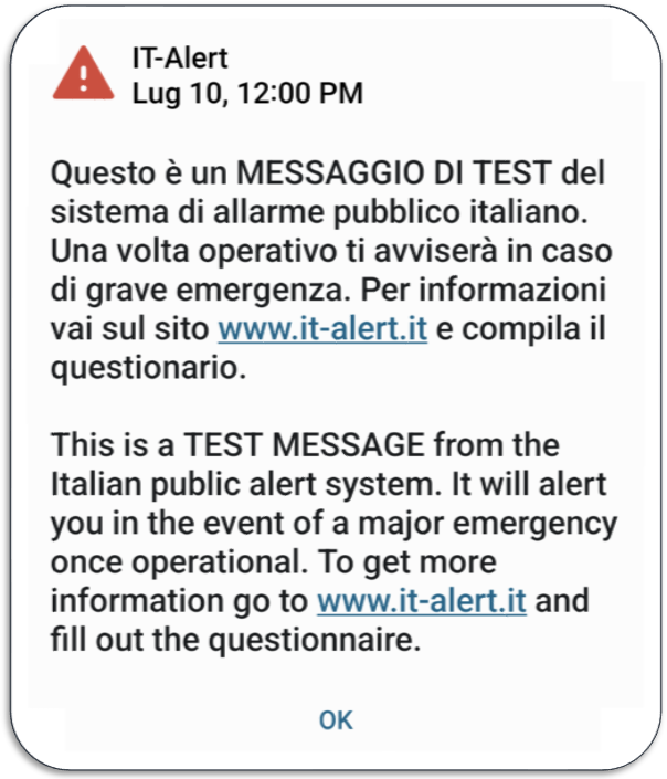 immagine del messaggio ricevuto; nella prima riga  “IT-Alert”, nella seconda riga “Lug 10, 12:00 PM”