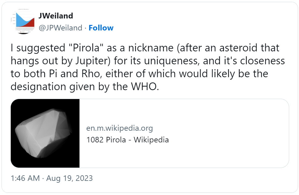 tweet del 19 agosto 2023 di J. Weiland: “I suggested Pirola as a nickname (after an asteroid that hangs out by Jupiter) for its uniqueness, and its closeness to both Pi and Rho, either of which would likely be the designation given by the WHO”