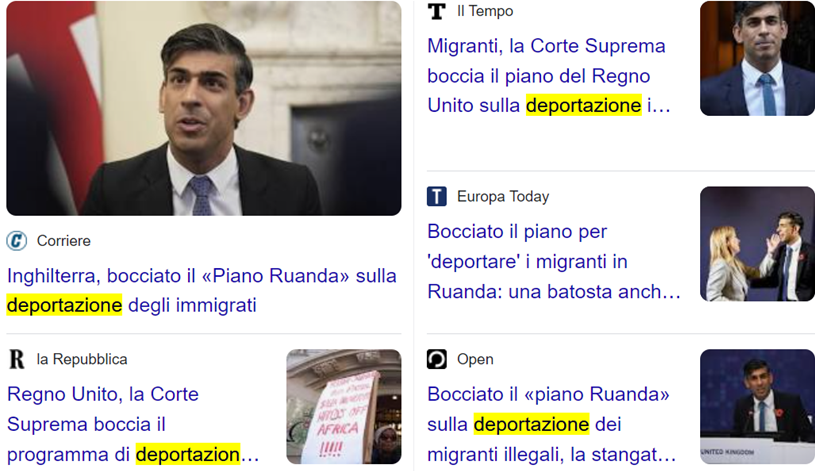 Foto del primo ministro britannico Rishi Sunak e titoli in italiano: 1 Inghilterra, bocciato il Piano Ruanda sulla deportazione degli immigrati; 2 Regno Unito, la Corte Suprema boccia il programma di deportazione degli immigrati.