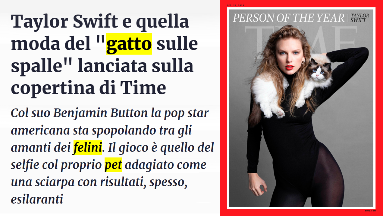 Titolo: Taylor Swift e quella moda del “gatto sulle spalle” lanciata sulla copertina di TIME. Col suo Benjamin Button la pop star americana sta spopolando tra gli amanti dei felini. Il gioco è quello del selfie col proprio pet adagiato come una sciarpa con risultati, spesso, esilaranti 