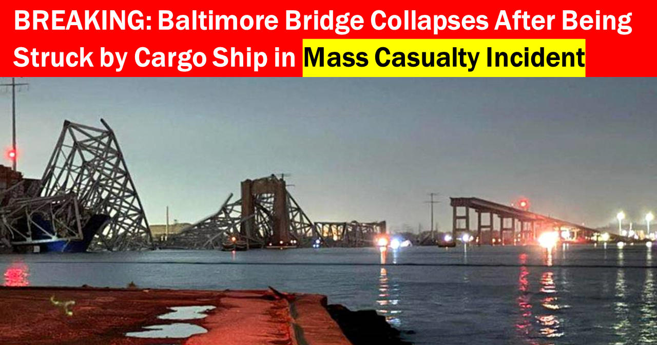 Titolo in inglese: BREAKING: Baltimore Bridge Collapses After Being Struck by Cargo Ship in Mass Casualty Event