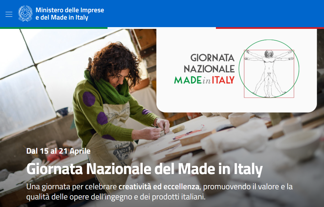 Schermata della pagina del sito del Ministero delle Imprese e del Made in Italy sulla Giornata Nazionale del Made in Italy: una giornata per celebrare creatività ed eccellenza, promuovendo il valore e la qualità delle opere dell’ingegno e dei prodotti italiani. 