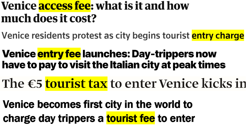 Titoli in inglese: 1 Venice ACCESS FEE: what is it and how much does it cost? 2 Venice residents protest as city begins tourist ENTRY CHARGE; 3 Venice ENTRY FEE launches: Day-trippers now have to pay to visit the Italian city at peak times; 4 The €5 TOURIST TAX to enter Venice kicks in; 5 Venice becomes first city in the world to charge day trippers a TOURIST FEE to enter