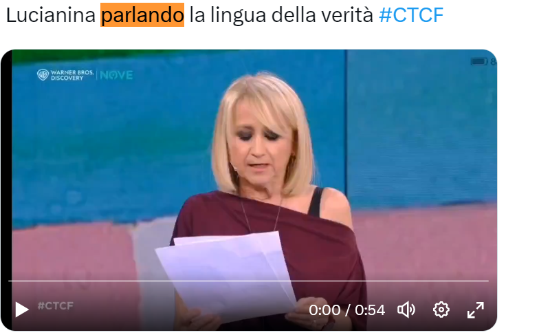 Didascalia: “Lucianina parlando la lingua della verità #CTCF” Video: Luciana Littizzetto che legge letterina